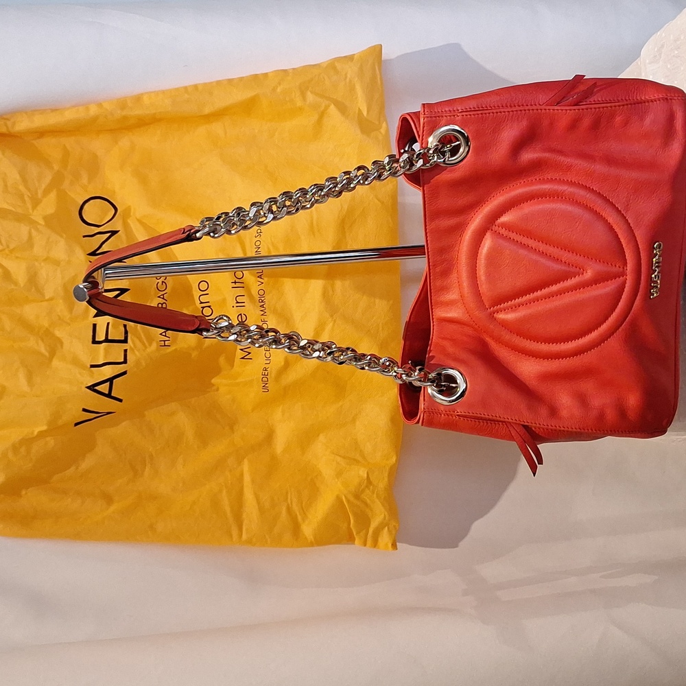 Valentino Red Leather With Silver Chain Shoulder Bag Includes Dust Bag